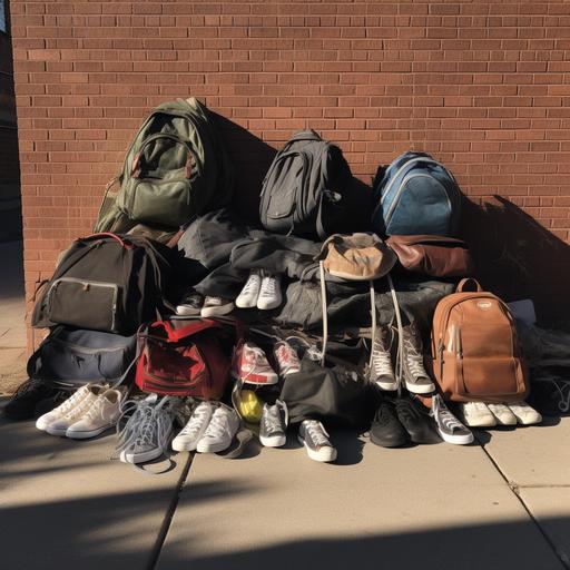 a pile of purses, handbags, backpacks and other bags on the pavement, next to stacks of folded jeans. In front is a row of heels, sneakers and boots. All are placed in front of a brick wall, realistic, bright daylight lighting, high texture --q 0.5 --s 50 --v 5.0
