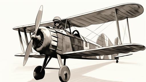 a pilot leaning over side of a WW1 sopwith pup with a large square camera, goggles and helmet, minimal sketch style storyboard darwing, 8k, --ar 16:9
