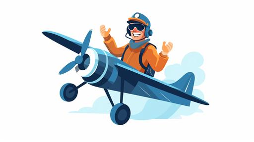 a pilote, 40 years old, flying a plane, happy, smiling, wearing a pilot hat and goggles, flat design on white background --ar 16:9