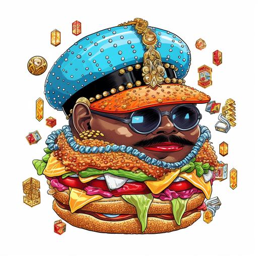 a pimp burger with blings, cartoon