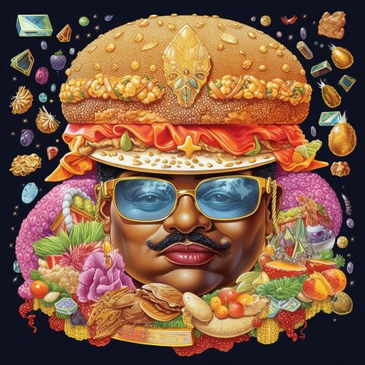 a pimp burger with blings, cartoon