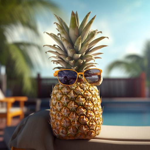 a pineapple sunbathing with sunglasses on a sunbed looking at the sea on the beach, shot from behind, photo realistic, detailed v5