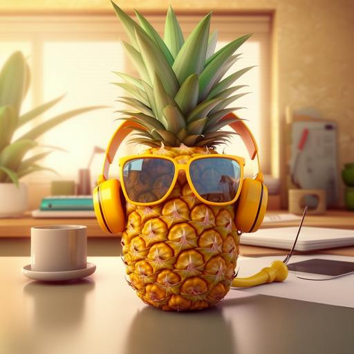 a pineapple, with sunglasses, with a headphone, listening to music, smiling, in a summer spirit, taking a breakfast