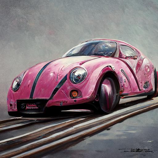 a pink Beetle on the track, realistic