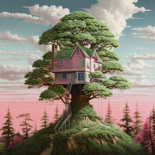 a pink and tiny tree house on top of a skinny green tree in the middle of a forest, the tree house has a tiny pink flag flapping from the roof, a tiny pink decorated door, detailed, hyperrealistic, 16x9 ratio