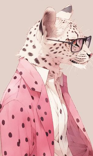a pink cheetah wearing glasses in a pink jacket, in the style of hyper-realistic animal illustrations, swiss style, leica i, nabis, rich color contrasts, enigmatic characters --style cute --ar 3:5 --q 2 --uplight --niji 5
