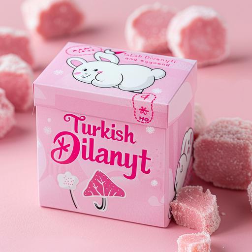 a pink cute turkish delight box, has pink baby lamb logo on it, the box says 