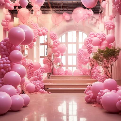 a pink fantasy prom school decorated with satin balloons and pink cakes and confetti