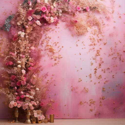 a pink floral studio backdrop with gold flakes