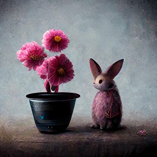 a pink flower in a pot and Nastya Rabbit is standing next to it
