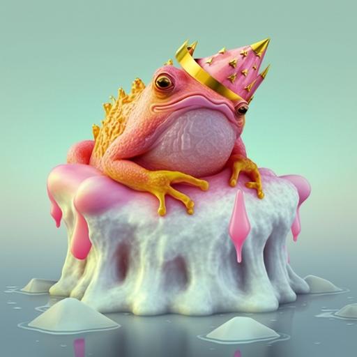 a pink frog with a crown made of ice cream --q 2