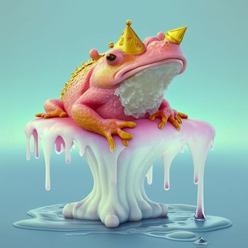 a pink frog with a crown made of ice cream --q 2