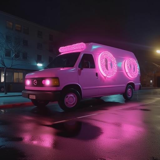 a pink frosted sprinkle donut van driving down the street at night 8k --v 5.0