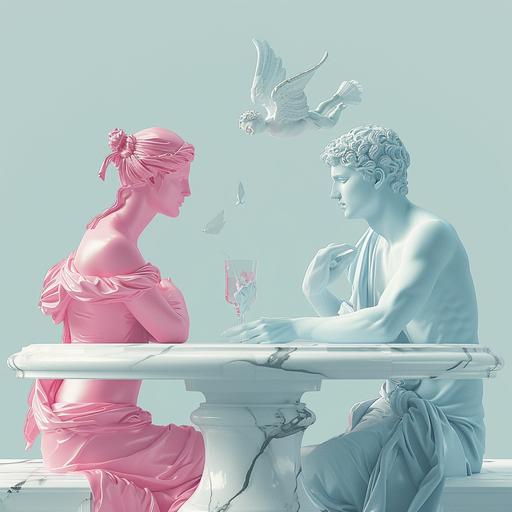 a pink marble statue of a woman is sitting across the table flirting with a blue marble statue of a man while a white marbel statue of cupid flies around them, character concept art, illustration, vector graphic, digital art --v 6.0