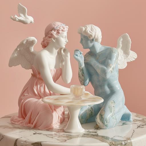 a pink marble statue of a woman is sitting across the table flirting with a blue marble statue of a man while a white marbel statue of cupid flies around them --v 6.0