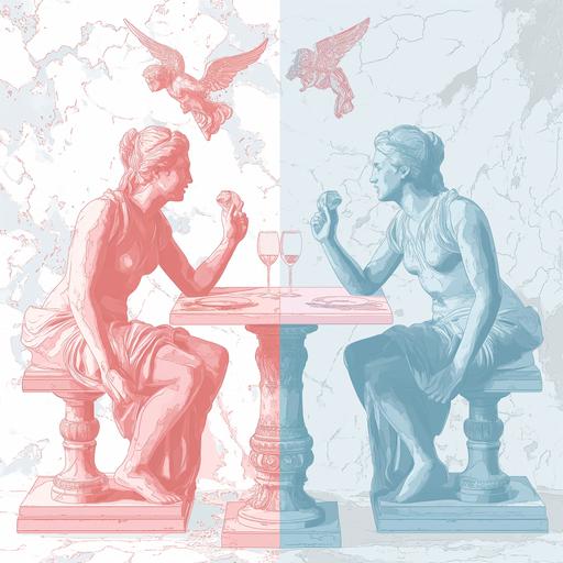 a pink marble statue of a woman is sitting across the table flirting with a blue marble statue of a man while a white marbel statue of cupid flies around them, character concept art, illustration, vector graphic, digital art --v 6.0
