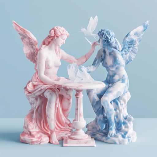 a pink marble statue of a woman is sitting across the table flirting with a blue marble statue of a man while a white marbel statue of cupid flies around them, character concept art, clean colours, high contrast --v 6.0
