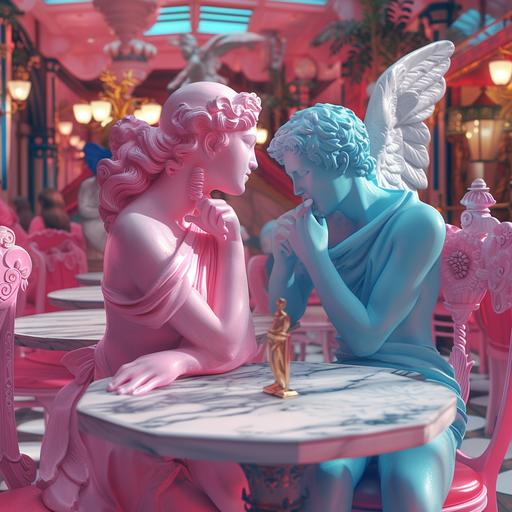 a pink marble statue of a woman is sitting across the table flirting with a blue marble statue of a man while a white a prominent white marbel statue of cupid perches in one corner in the background are other pink and blue statues also sitting at tables dating in the cozy cafe, character concept art, clean colours, high contrast, speed dating event --v 6.0