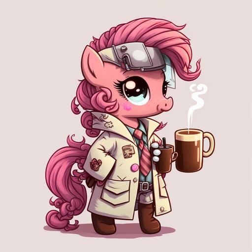 a pink pony is wearing a doctors suit and drinking a hot chocolate, drawing, cartoon, chibi style