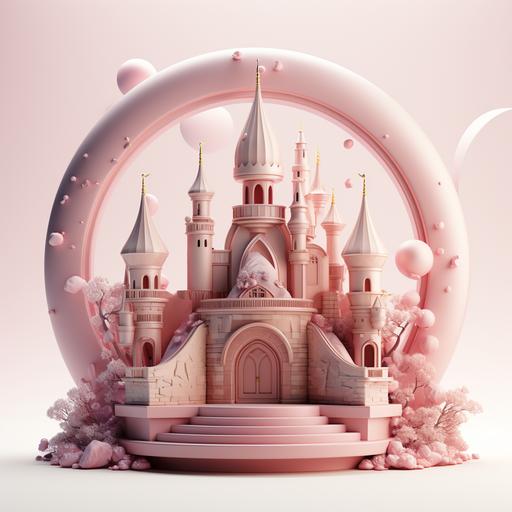 a pink princess castle on a podium with moon behind, simple, flat background, 3D, 4K --s 750 --style raw