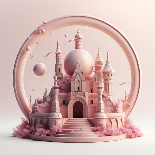 a pink princess castle on a podium with moon behind, simple, flat background, 3D, 4K --s 750 --style raw