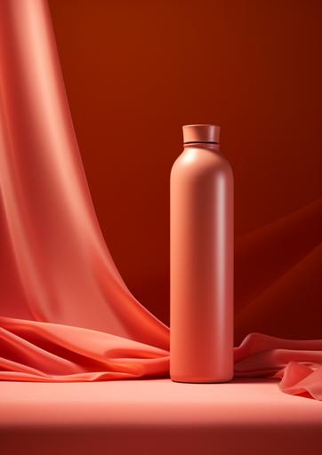 a pink reusable water bottle with an orange wrapper on a brown background, in the style of porcelain, minimalist backgrounds, light beige, luminous shadows, aluminum, subtle chromatism, fluid figuratism --ar 91:128