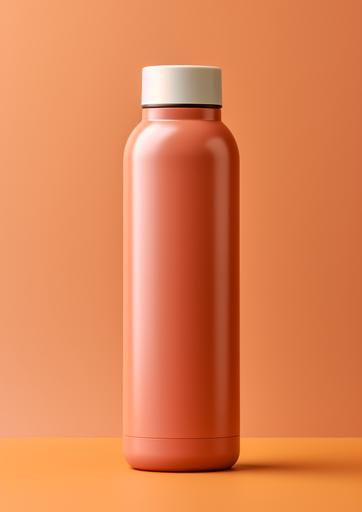 a pink reusable water bottle with an orange wrapper on a brown background, in the style of porcelain, minimalist backgrounds, light beige, luminous shadows, aluminum, subtle chromatism, fluid figuratism --ar 91:128