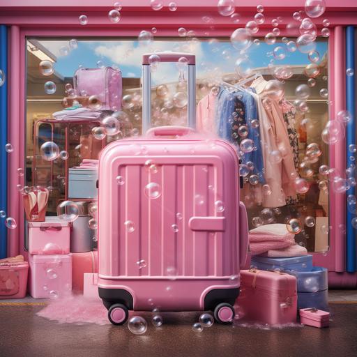 a pink travel suitcase, with wheels, with clothes falling out of it, in a pink and blue laundry shop, with bubbles