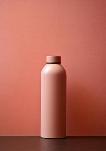 a pink water bottle on a brown and beige background, in the style of clean lines, pure forms, aluminum, chalky, bold chromaticity, light beige, pontormo, mood lighting --ar 91:128