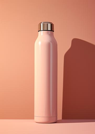 a pink water bottle on a brown and beige background, in the style of clean lines, pure forms, aluminum, chalky, bold chromaticity, light beige, pontormo, mood lighting --ar 91:128