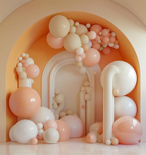 a pink, white, and beige balloon backdrop with letter 'love the danceroom', in the style of voluminous forms, lush and detailed, light orange and light beige, rounded shapes, arched doorways, natural materials, dark white and light beige --ar 86:91 --v 6.0