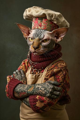 a pirate goblin sphinx cat chef with tattoos wearing an ugly sweater and a chef’s hat, folded arms, a look of disapproval --ar 2:3 --v 6.0
