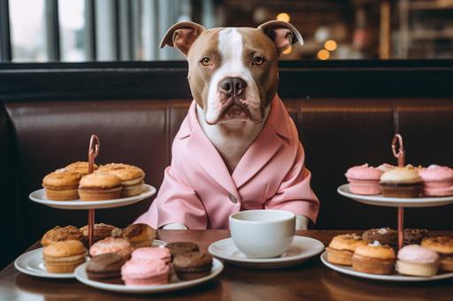 a pitbull wearing a pink raincoat, sitting in a bakery --ar 3:2 --chaos 30