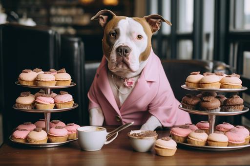 a pitbull wearing a pink raincoat, sitting in a bakery --ar 3:2 --chaos 30