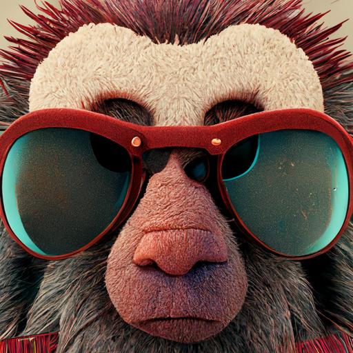 a pixar style baboon cartoon character with sunglasses, soft textures, red skin, teal background with kelp textures, octane render, 8k, low poly, --quality 2 --stylize 2000