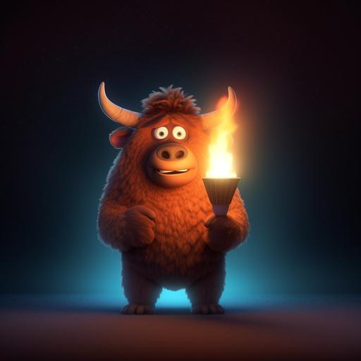 a pixar style cartoon bison holding a flashlight creating a cone of light being shined into the darkness 8k