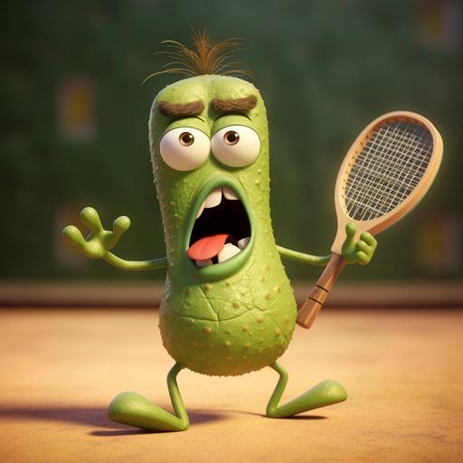 a pixar style cartoon pickle looking angry. playing pickleball about to hit a pickleball with a pickleball paddle