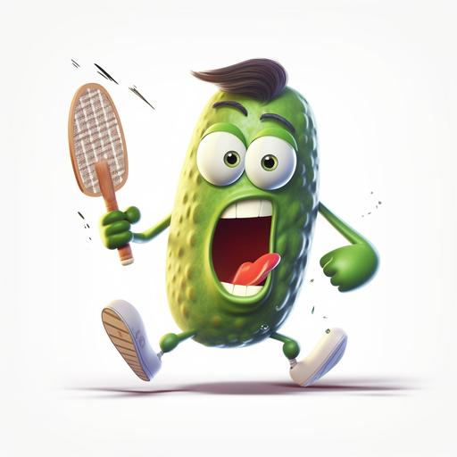 a pixar style cartoon pickle playing pickleball. The pickle is wearing sweatbands and tube socks. The pickle is looking intense and angry,. The pickle is spiking a pickleball out of the air.