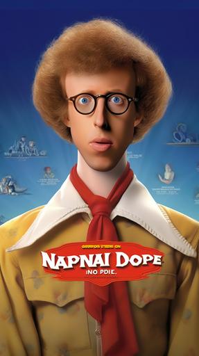 a pixar style movie poster for 'Napoleon Dynamite', with the logo for 'Napoleon Dynamite', with a caricature of Napoleon Dynamite dressed up like a nerd, cartoon, realism, 3d, fun, --ar 9:16 --seed 121297 --s 250