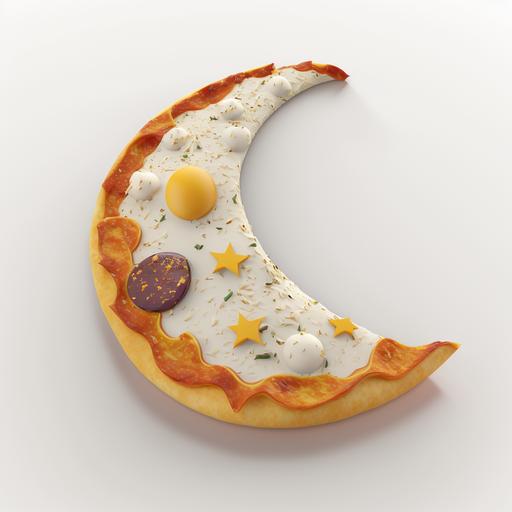 a pizza bitten in the shape of crescent moon, 3d cartoon, 4k, white background