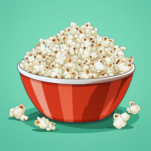 a plain white paper bowl of popcorn with piri piri powder sprinkled on the popcorn, the red poswer is easily visble on the popcorn, animated style, cartoon type, cute and delicious, mint green background in the image