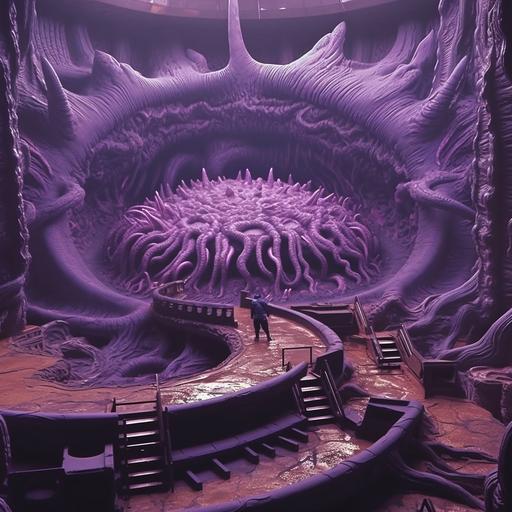 a planet the shape of a screw is covered in purple slime Marvel MCU HR GIGER Lofi film grain