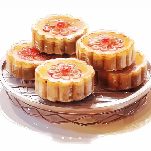 a plate of moon cake ,watercolor style, illustration, white background --niji 5