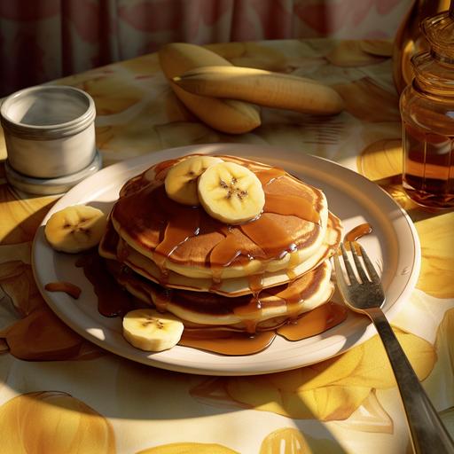 a plate of two pancakes with banana slices and caramel drizzle on top, sitting on a table with a yellow knit texture tablecloth, warm lighting, well lit, realistic photo