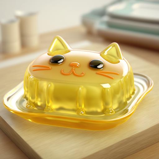 a plate of yellow jello mold cat on a kitchen table --chaos 40 --q 2 --v 4