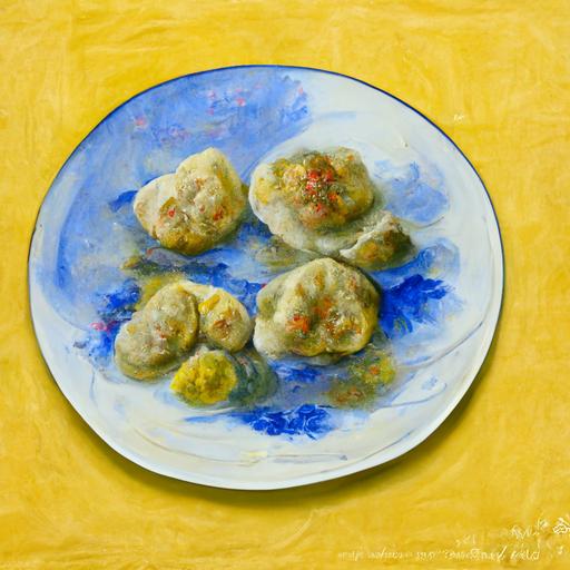 a plate with dumplings on yellow tablecloth in the Impressionism style