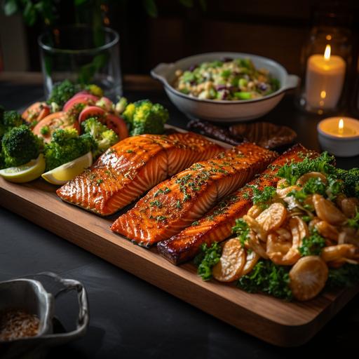 a platter of bbq cedar salmon with sides,food photography, full view, 45 degree view, in a modern west coast kitchen, ultra detailed, 8k, clean   cinematic shot, 50mm at F 1. 2 aperture, , soft sunlight falling on the subject
