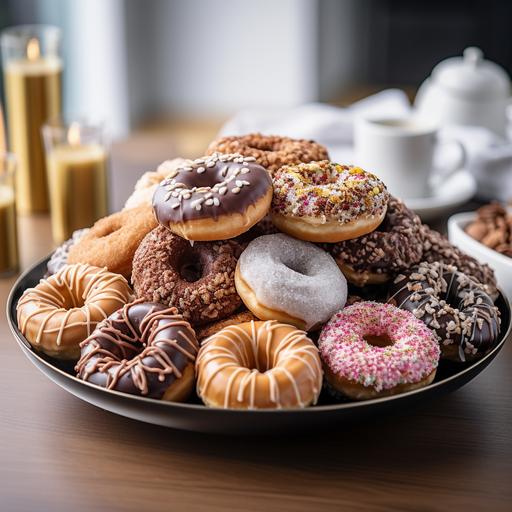 a platter of west coast dougnuts,food photography, full view, 45 degree view, in a modern west coast kitchen, ultra detailed, 8k, clean   cinematic shot, 50mm at F 1. 2 aperture, , soft sunlight falling on the subject
