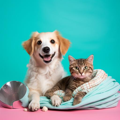 a playful flatlay of a Laptop, dog, cat and bandages. Commercial shot, pastel turquoise background.