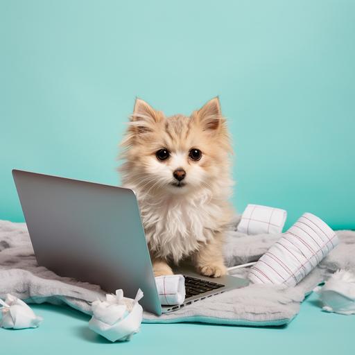 a playful flatlay of a Laptop, dog, cat and bandages. Commercial shot, pastel turquoise background.